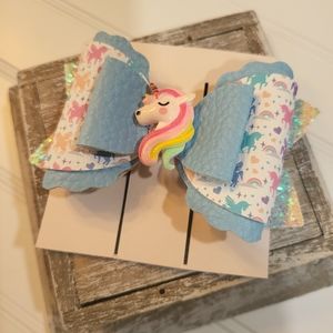 NWT Faux Leather Quality Blue and Pink Unicorn Clip on Bow, Made in the USA